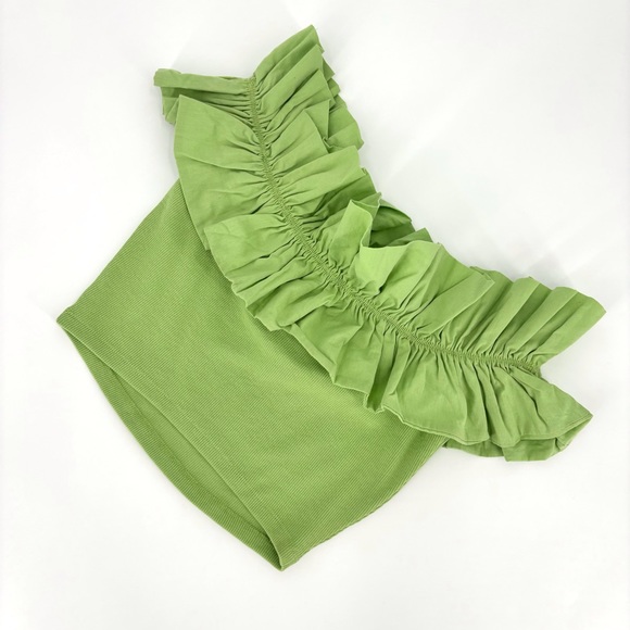 Zara NWT Pear Green Ruffled Off-the-Shoulder Ribbed Crop Top, Medium - Picture 2 of 15